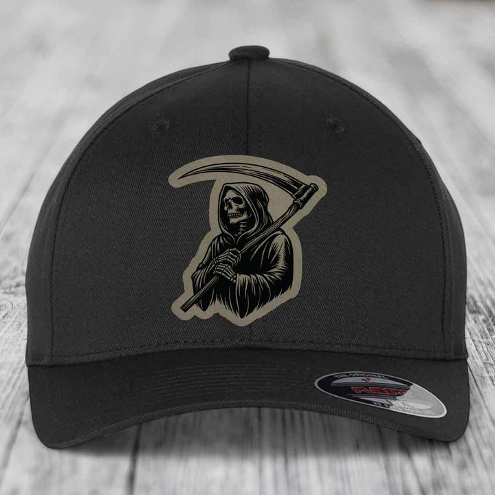 Grim Reaper - Leather Patch Hat - Light Brown to Black Patch - Flexfit 6277 Fitted Hat