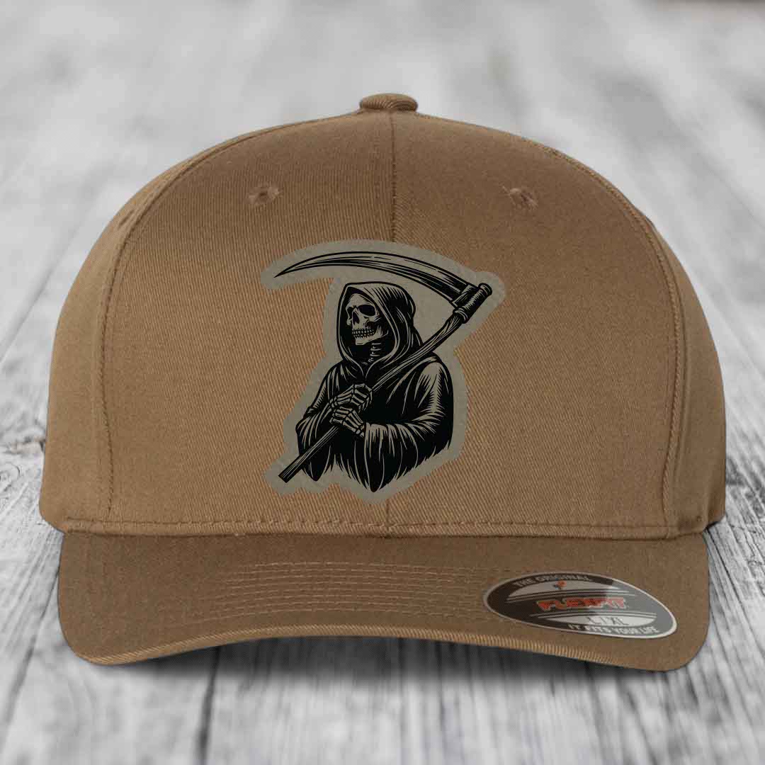 Grim Reaper - Leather Patch Hat - Light Brown to Black Patch - Flexfit 6277 Fitted Hat