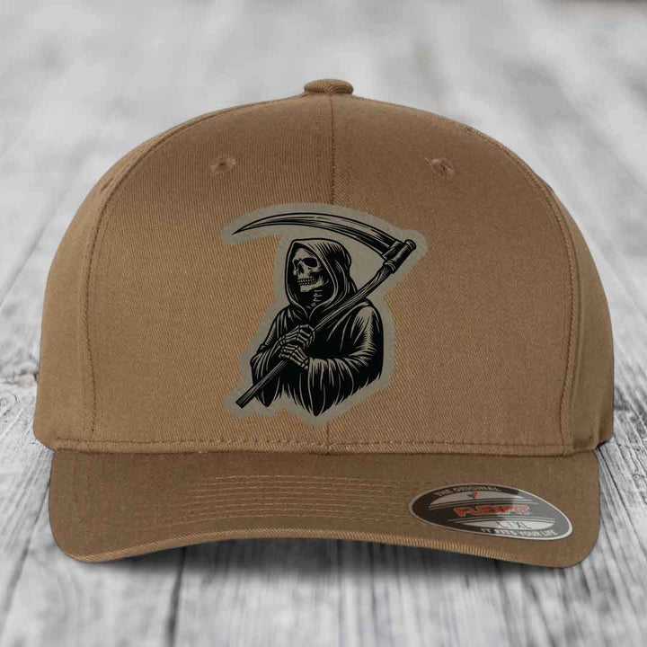 Grim Reaper - Leather Patch Hat - Light Brown to Black Patch - Flexfit 6277 Fitted Hat