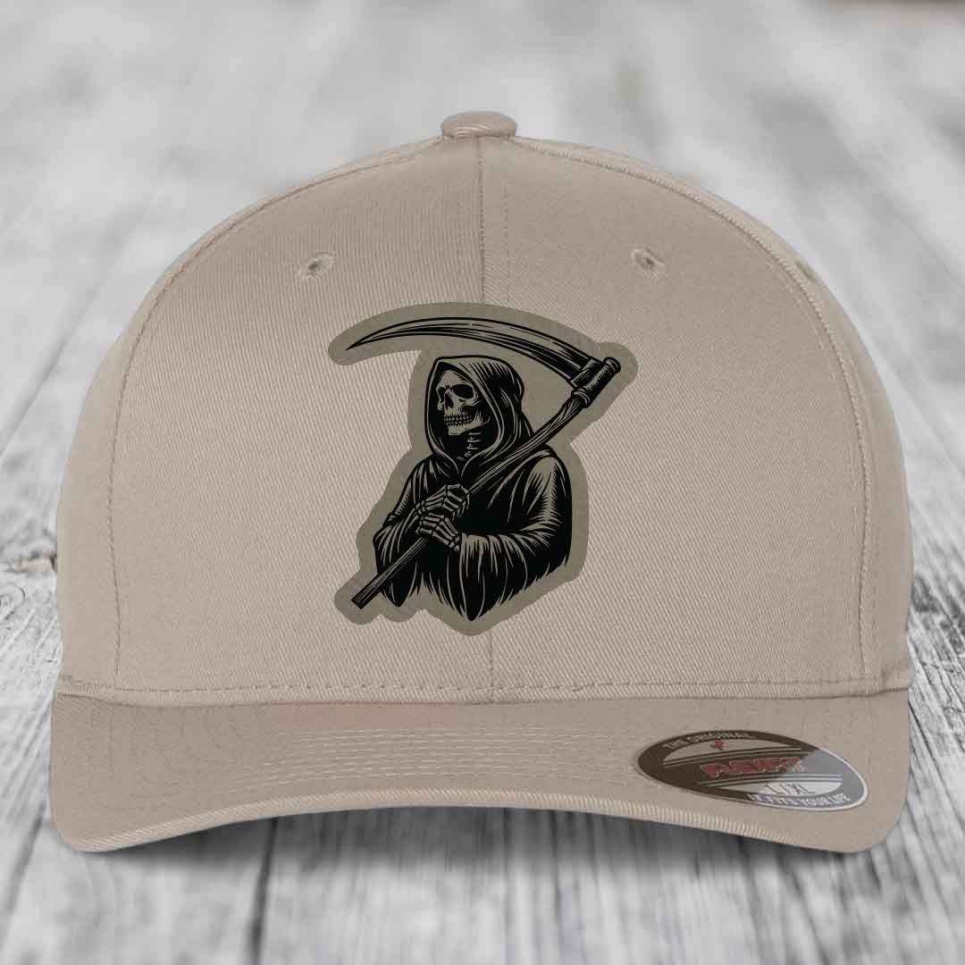 Grim Reaper - Leather Patch Hat - Light Brown to Black Patch - Flexfit 6277 Fitted Hat