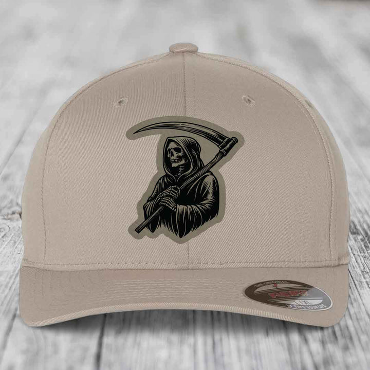 Grim Reaper - Leather Patch Hat - Light Brown to Black Patch - Flexfit 6277 Fitted Hat