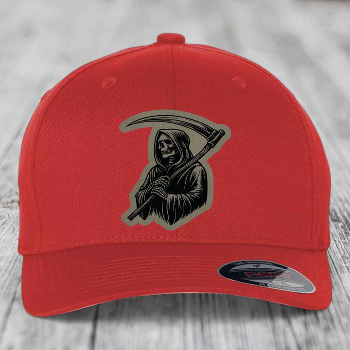 Grim Reaper - Leather Patch Hat - Light Brown to Black Patch - Flexfit 6277 Fitted Hat