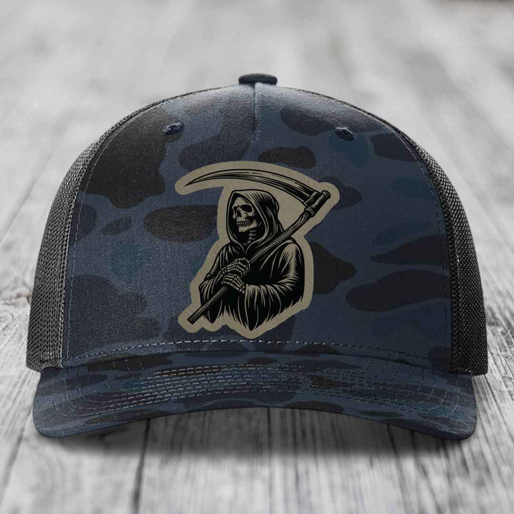 Grim Reaper - Leather Patch Hat - Light Brown to Black Patch - Richardson 112PFP Snapback Trucker Hat