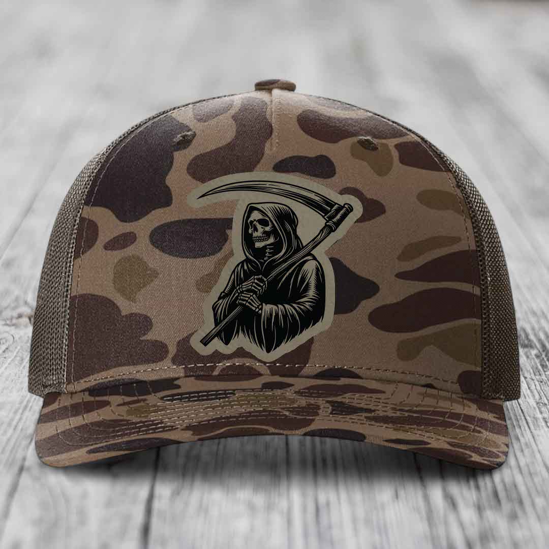 Grim Reaper - Leather Patch Hat - Light Brown to Black Patch - Richardson 112PFP Snapback Trucker Hat