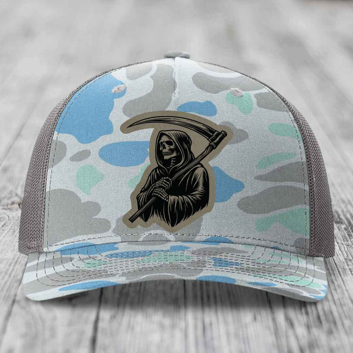 Grim Reaper - Leather Patch Hat - Light Brown to Black Patch - Richardson 112PFP Snapback Trucker Hat