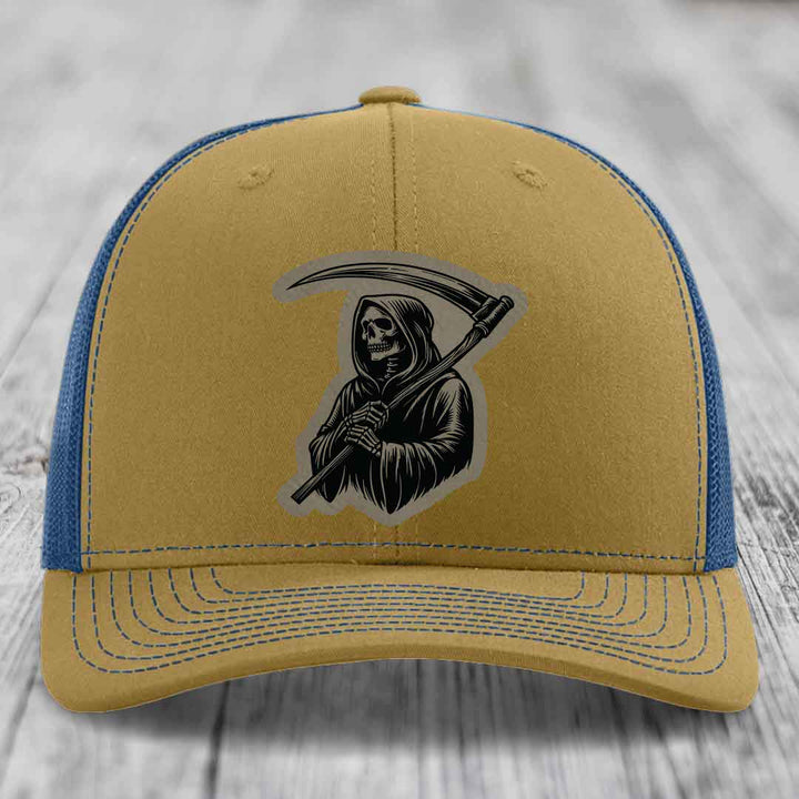 Grim Reaper - Leather Patch Hat - Light Brown to Black Patch - Richardson 112 Snapback Trucker Hat