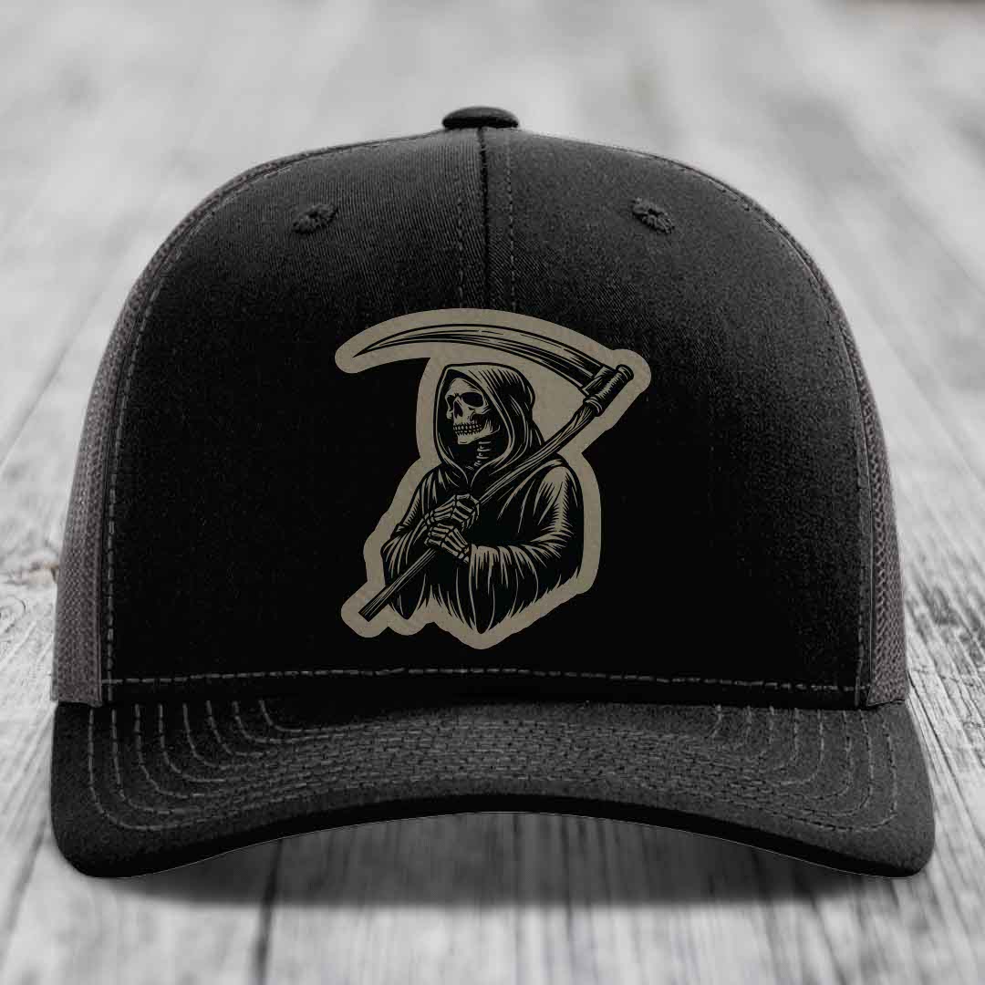 Grim Reaper - Leather Patch Hat - Light Brown to Black Patch - Richardson 112 Snapback Trucker Hat