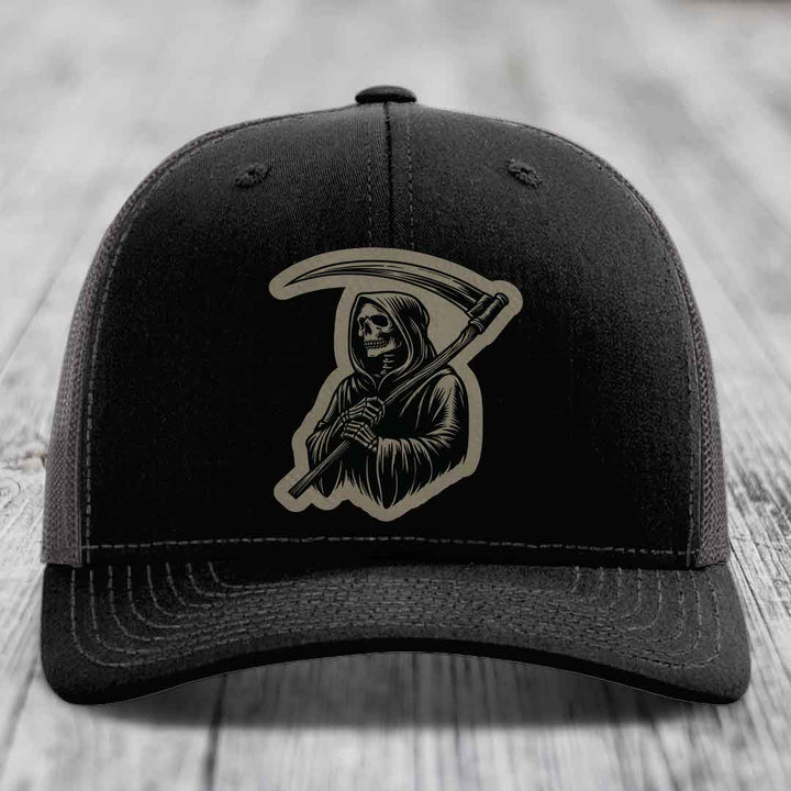 Grim Reaper - Leather Patch Hat - Light Brown to Black Patch - Richardson 112 Snapback Trucker Hat