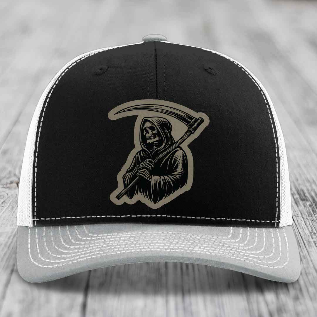 Grim Reaper - Leather Patch Hat - Light Brown to Black Patch - Richardson 112 Snapback Trucker Hat