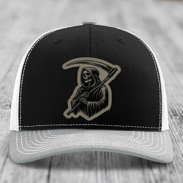 Grim Reaper - Leather Patch Hat - Light Brown to Black Patch - Richardson 112 Snapback Trucker Hat