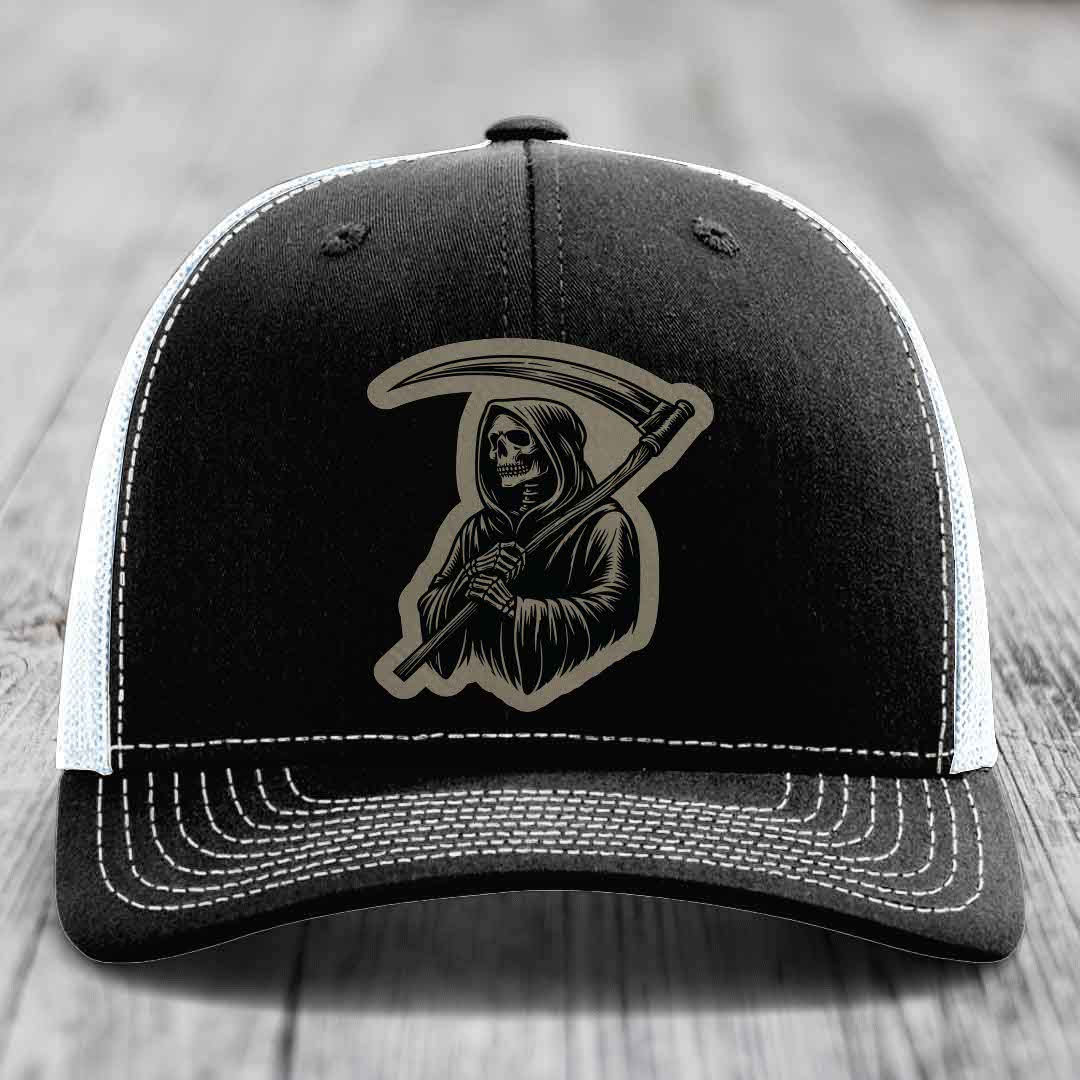 Grim Reaper - Leather Patch Hat - Light Brown to Black Patch - Richardson 112 Snapback Trucker Hat