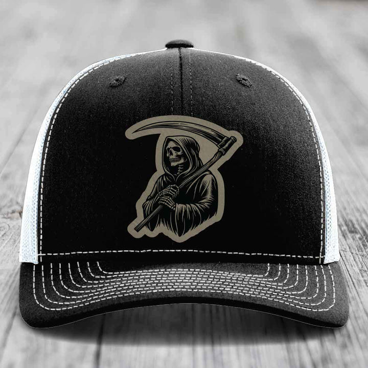 Grim Reaper - Leather Patch Hat - Light Brown to Black Patch - Richardson 112 Snapback Trucker Hat