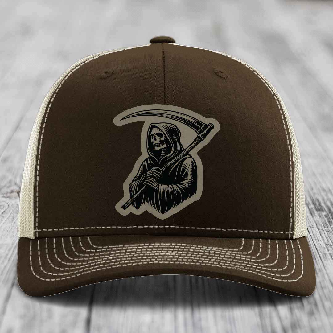 Grim Reaper - Leather Patch Hat - Light Brown to Black Patch - Richardson 112 Snapback Trucker Hat