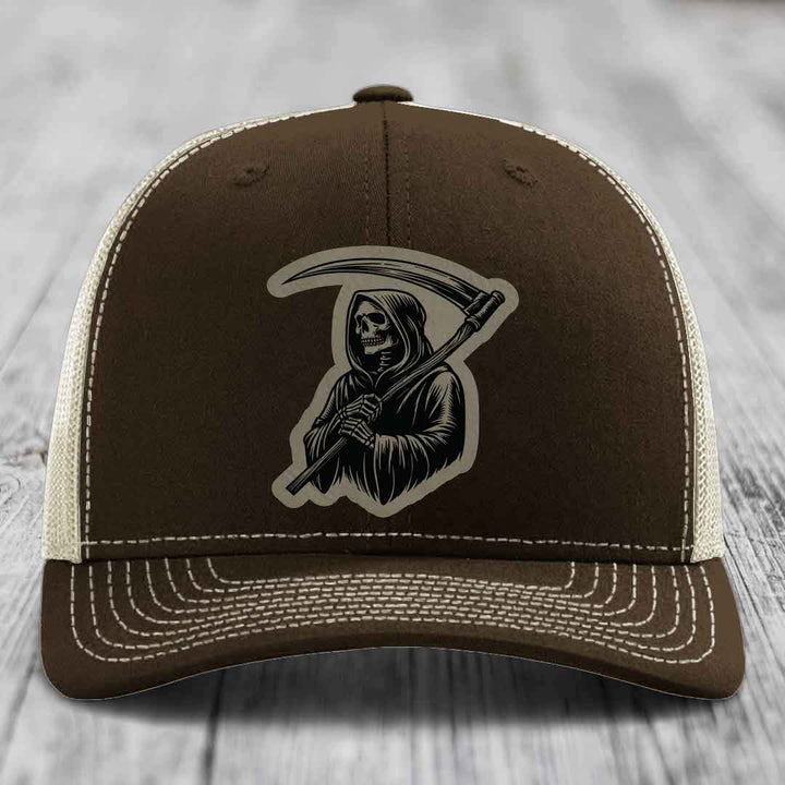 Grim Reaper - Leather Patch Hat - Light Brown to Black Patch - Richardson 112 Snapback Trucker Hat