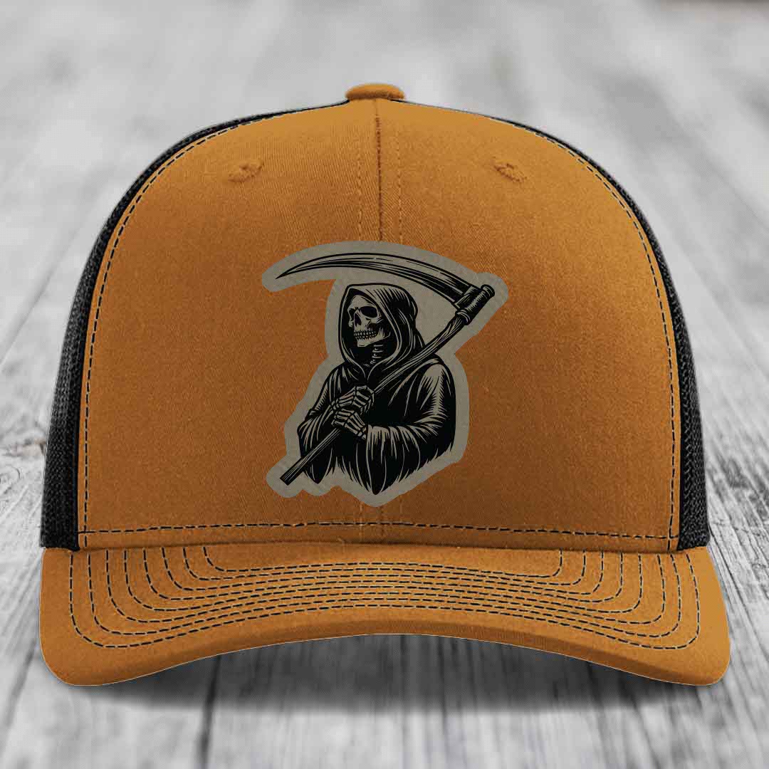 Grim Reaper - Leather Patch Hat - Light Brown to Black Patch - Richardson 112 Snapback Trucker Hat