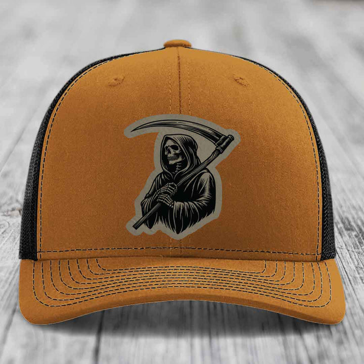 Grim Reaper - Leather Patch Hat - Light Brown to Black Patch - Richardson 112 Snapback Trucker Hat