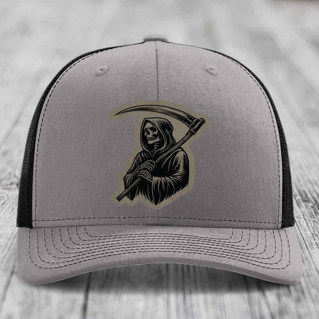 Grim Reaper - Leather Patch Hat - Light Brown to Black Patch - Richardson 112 Snapback Trucker Hat