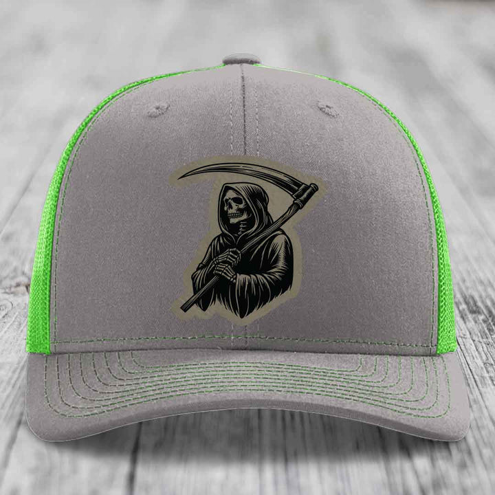 Grim Reaper - Leather Patch Hat - Light Brown to Black Patch - Richardson 112 Snapback Trucker Hat