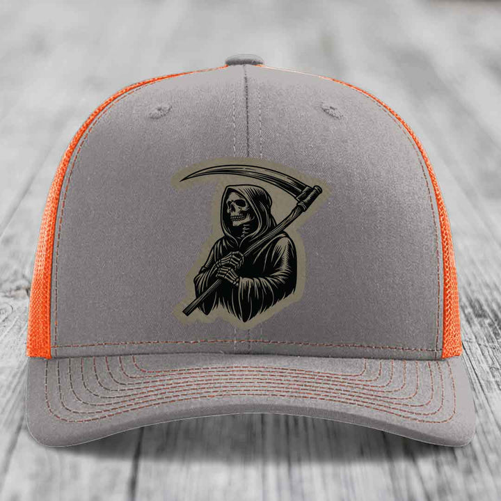 Grim Reaper - Leather Patch Hat - Light Brown to Black Patch - Richardson 112 Snapback Trucker Hat