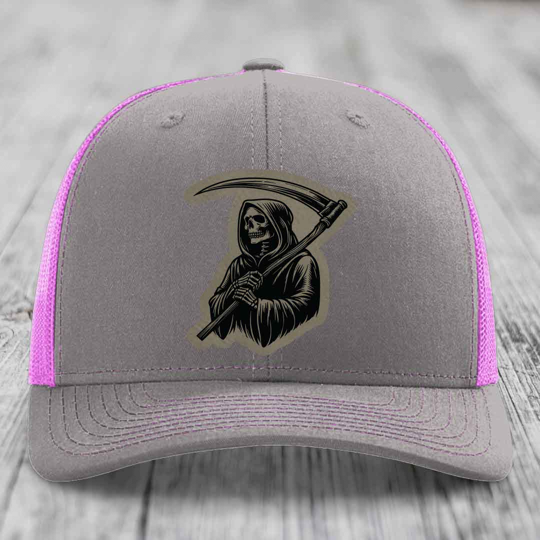 Grim Reaper - Leather Patch Hat - Light Brown to Black Patch - Richardson 112 Snapback Trucker Hat