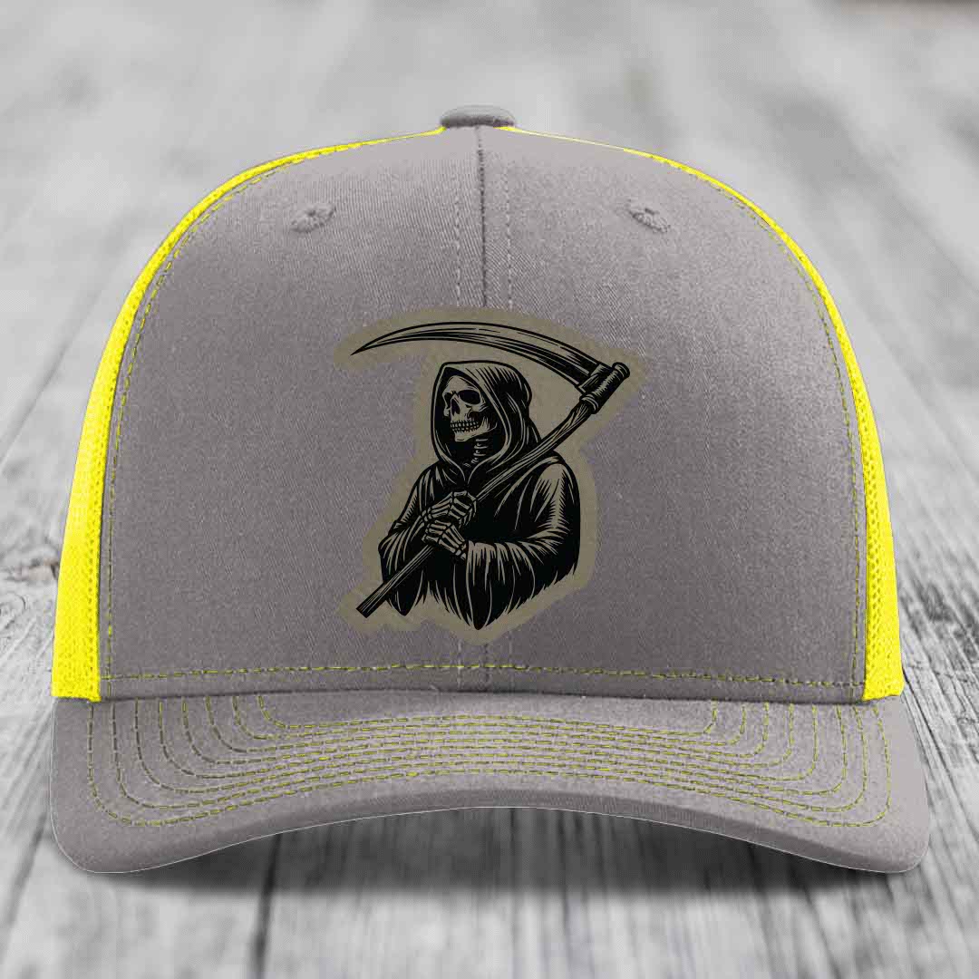 Grim Reaper - Leather Patch Hat - Light Brown to Black Patch - Richardson 112 Snapback Trucker Hat