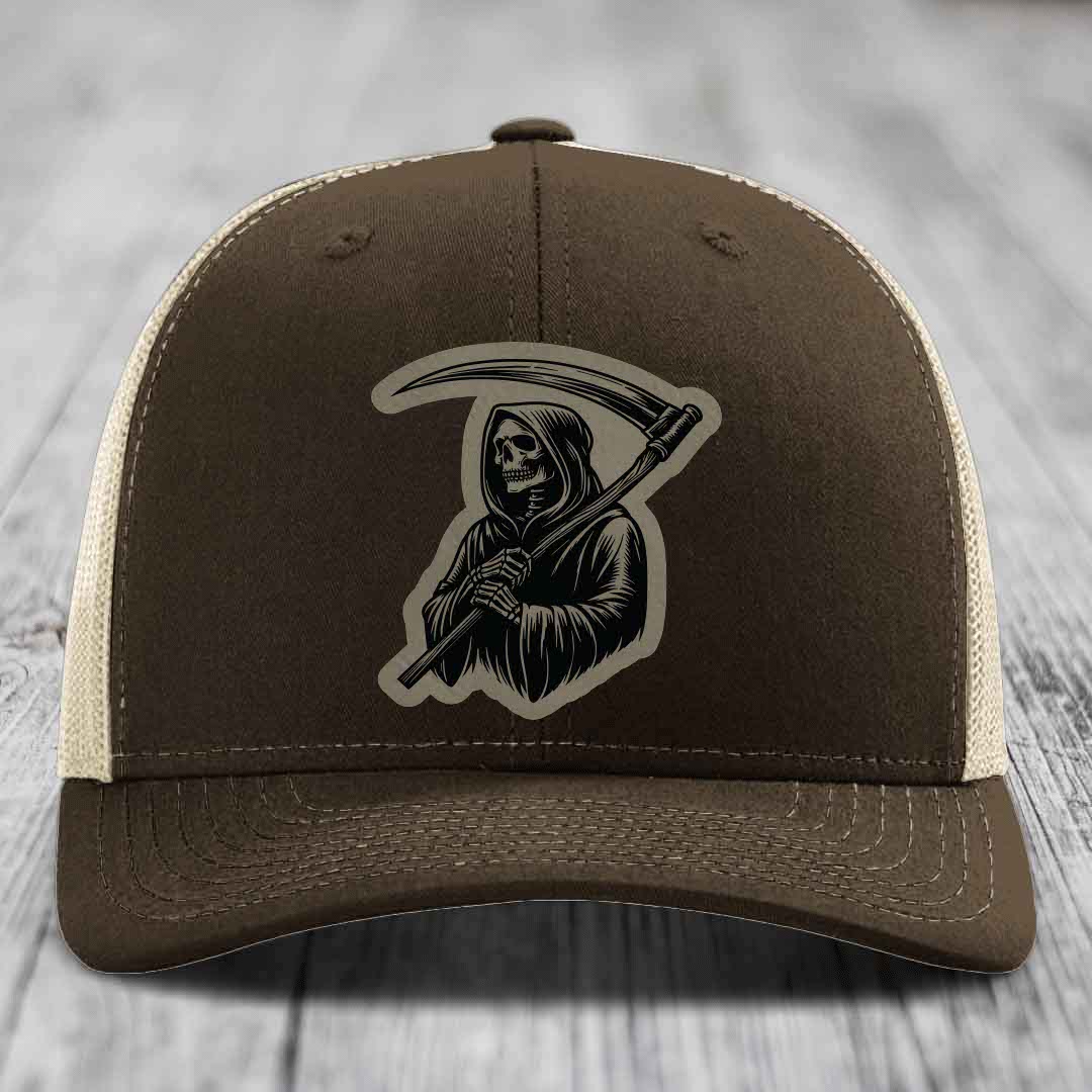 Grim Reaper - Leather Patch Hat - Light Brown to Black Patch - Richardson 112 Snapback Trucker Hat