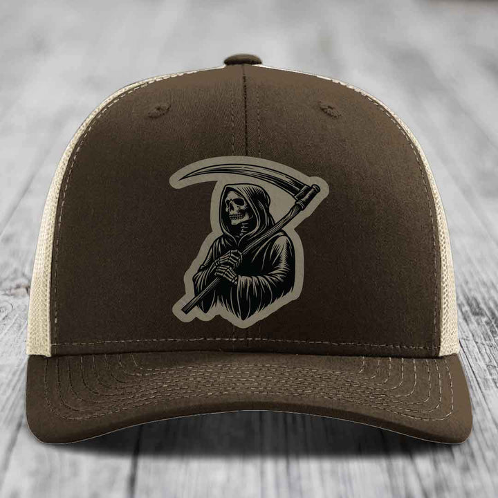 Grim Reaper - Leather Patch Hat - Light Brown to Black Patch - Richardson 112 Snapback Trucker Hat