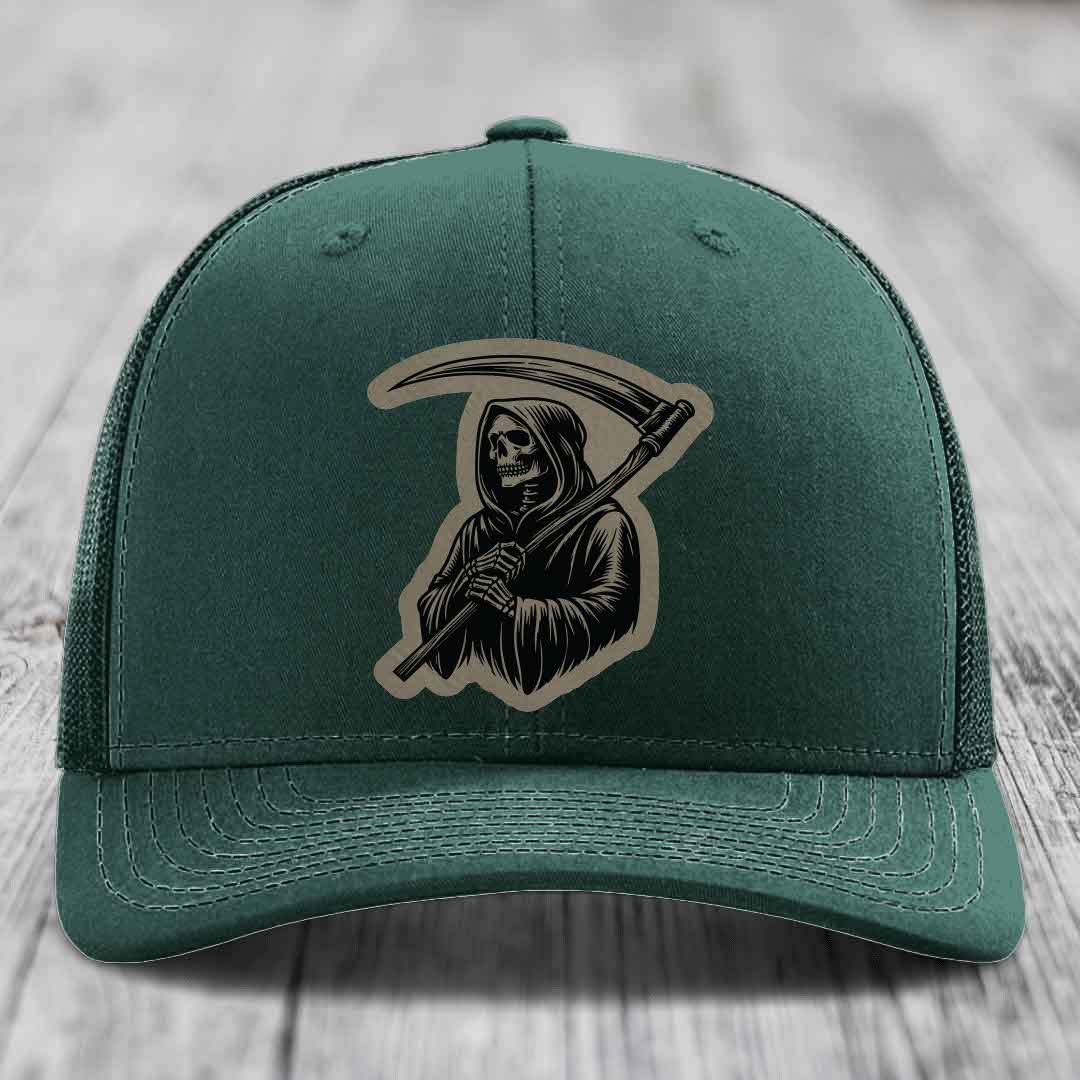 Grim Reaper - Leather Patch Hat - Light Brown to Black Patch - Richardson 112 Snapback Trucker Hat