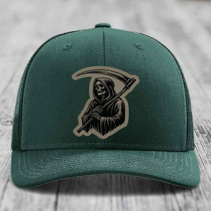 Grim Reaper - Leather Patch Hat - Light Brown to Black Patch - Richardson 112 Snapback Trucker Hat