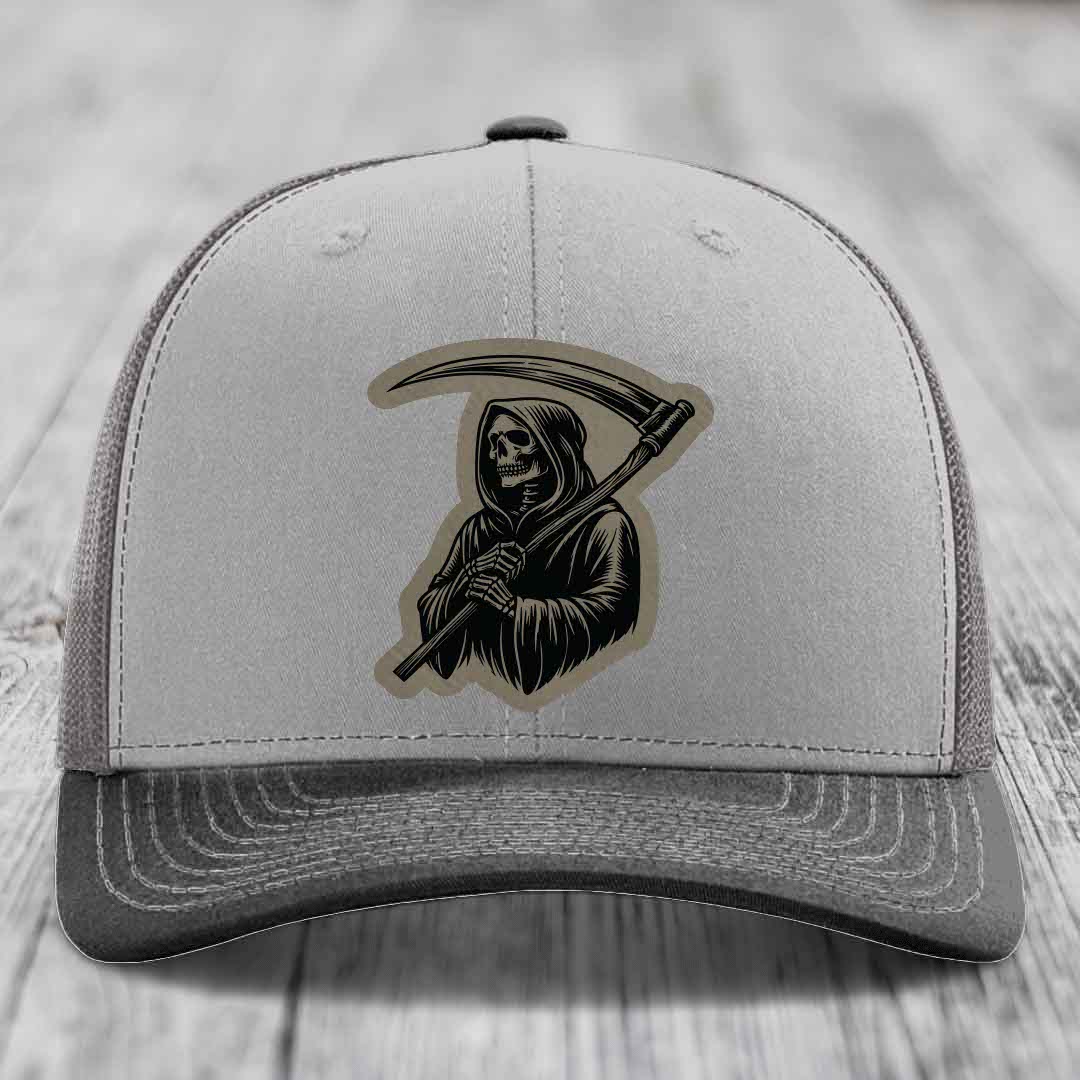 Grim Reaper - Leather Patch Hat - Light Brown to Black Patch - Richardson 112 Snapback Trucker Hat