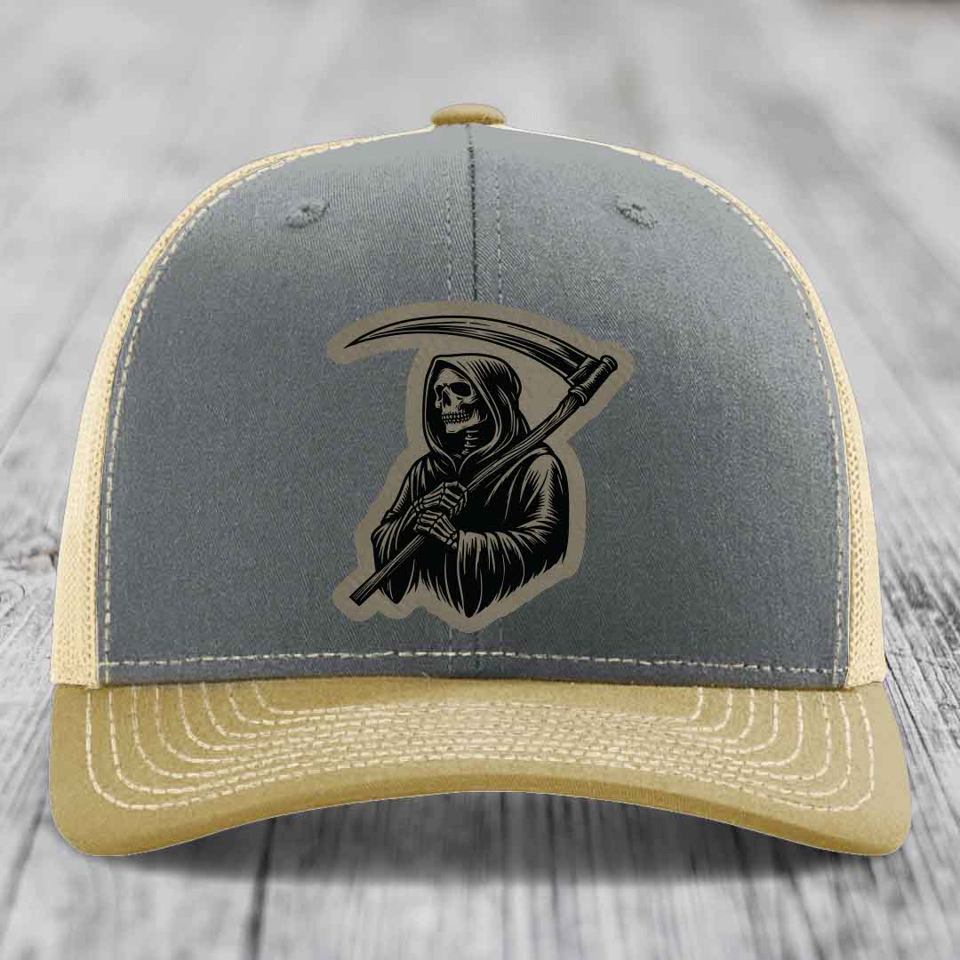 Grim Reaper - Leather Patch Hat - Light Brown to Black Patch - Richardson 112 Snapback Trucker Hat