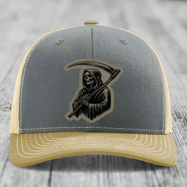 Grim Reaper - Leather Patch Hat - Light Brown to Black Patch - Richardson 112 Snapback Trucker Hat