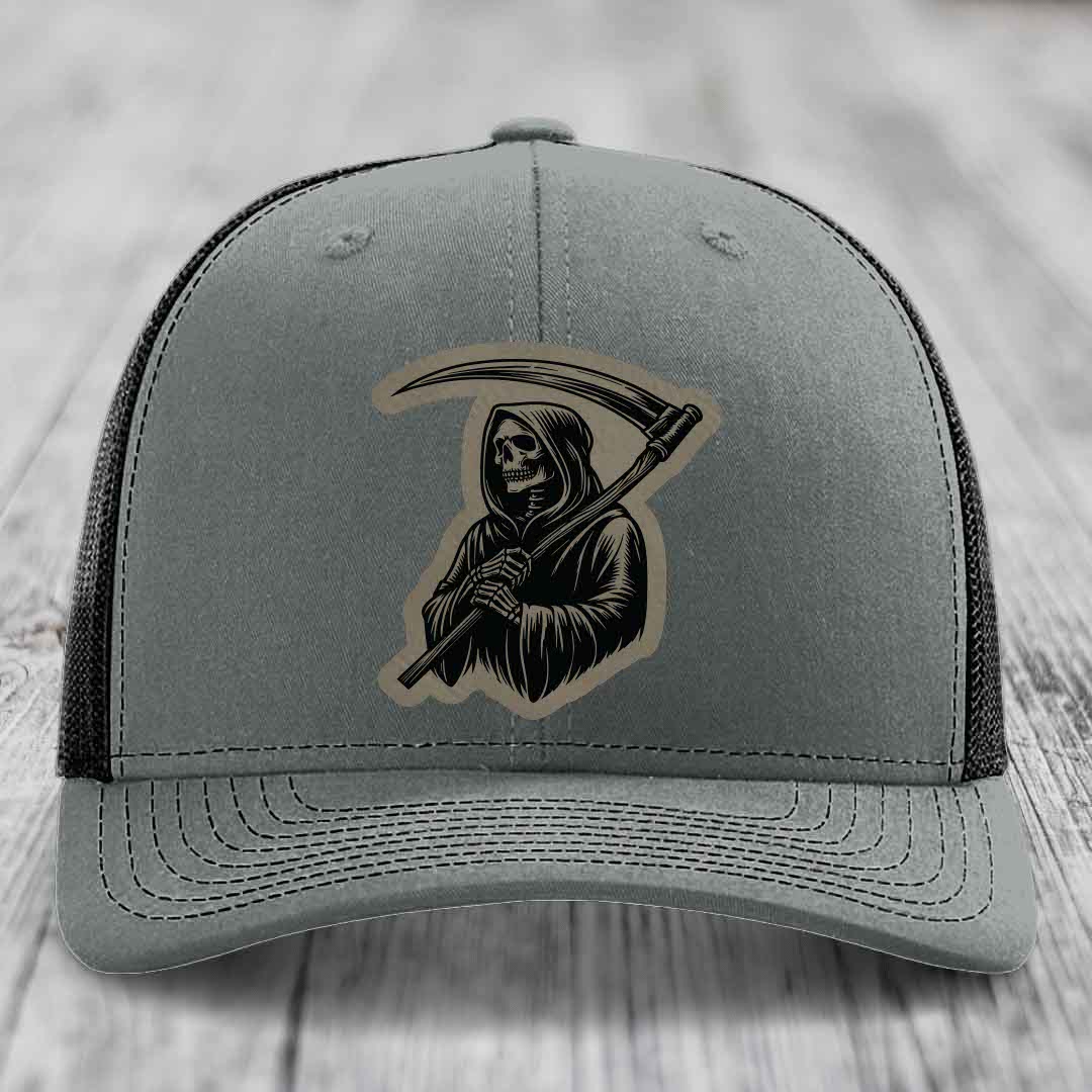 Grim Reaper - Leather Patch Hat - Light Brown to Black Patch - Richardson 112 Snapback Trucker Hat