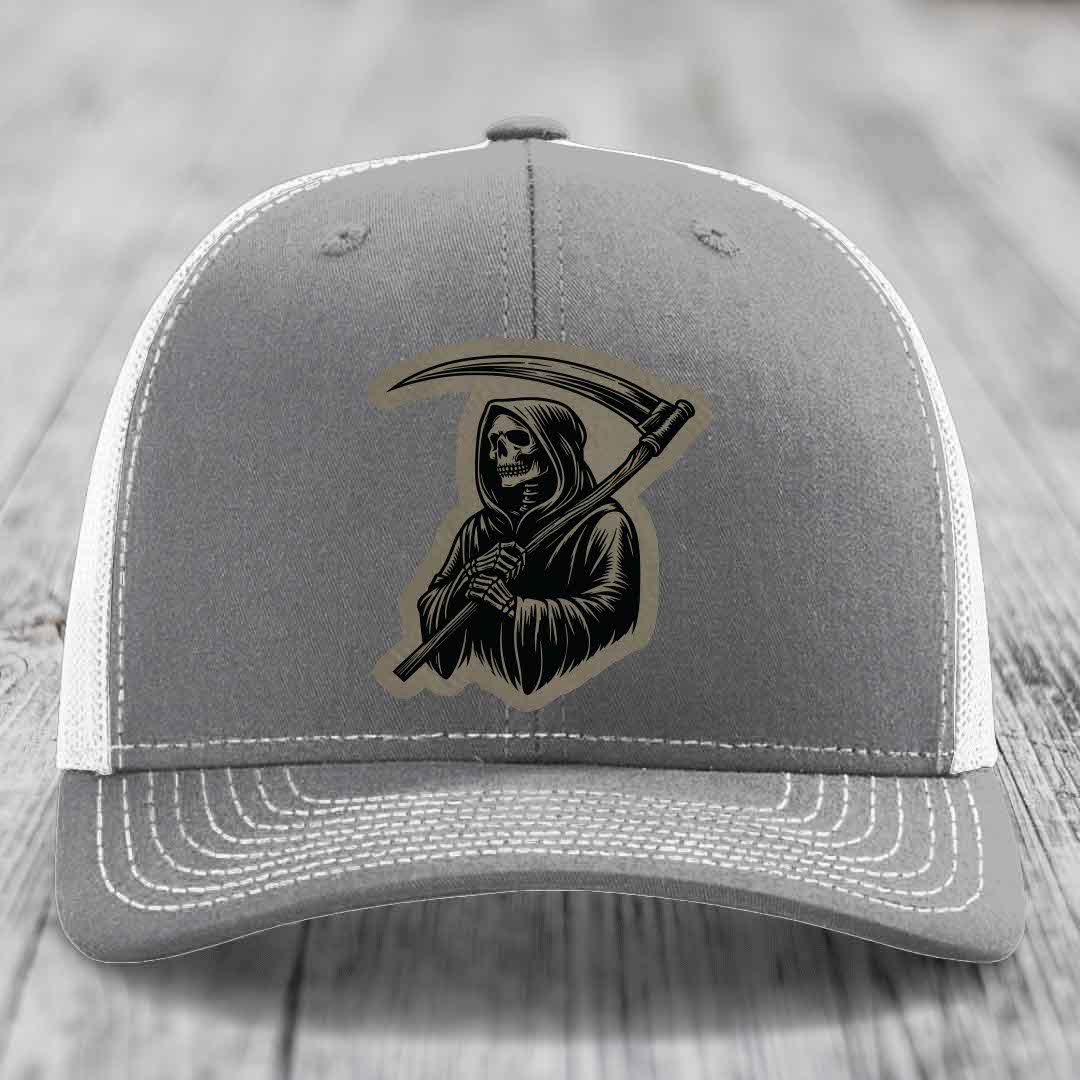 Grim Reaper - Leather Patch Hat - Light Brown to Black Patch - Richardson 112 Snapback Trucker Hat