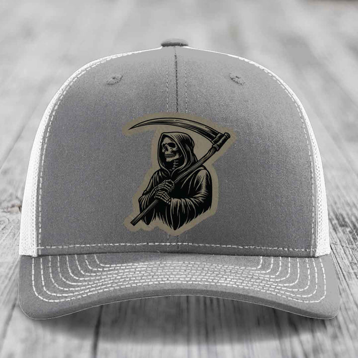 Grim Reaper - Leather Patch Hat - Light Brown to Black Patch - Richardson 112 Snapback Trucker Hat