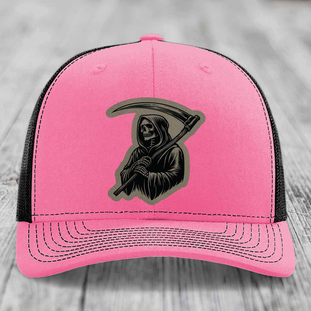Grim Reaper - Leather Patch Hat - Light Brown to Black Patch - Richardson 112 Snapback Trucker Hat