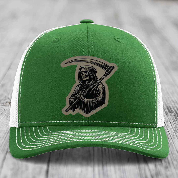 Grim Reaper - Leather Patch Hat - Light Brown to Black Patch - Richardson 112 Snapback Trucker Hat