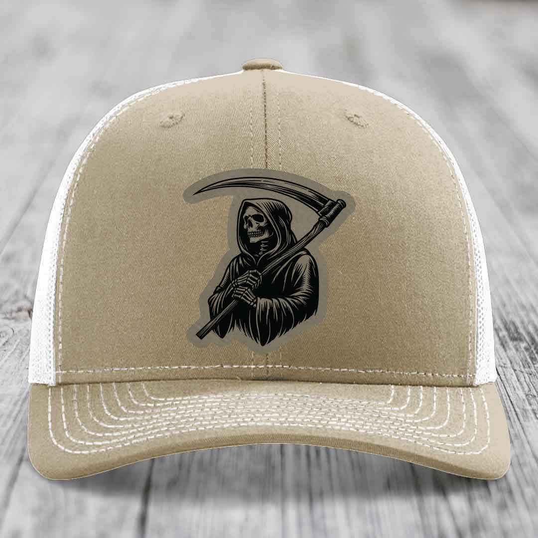 Grim Reaper - Leather Patch Hat - Light Brown to Black Patch - Richardson 112 Snapback Trucker Hat