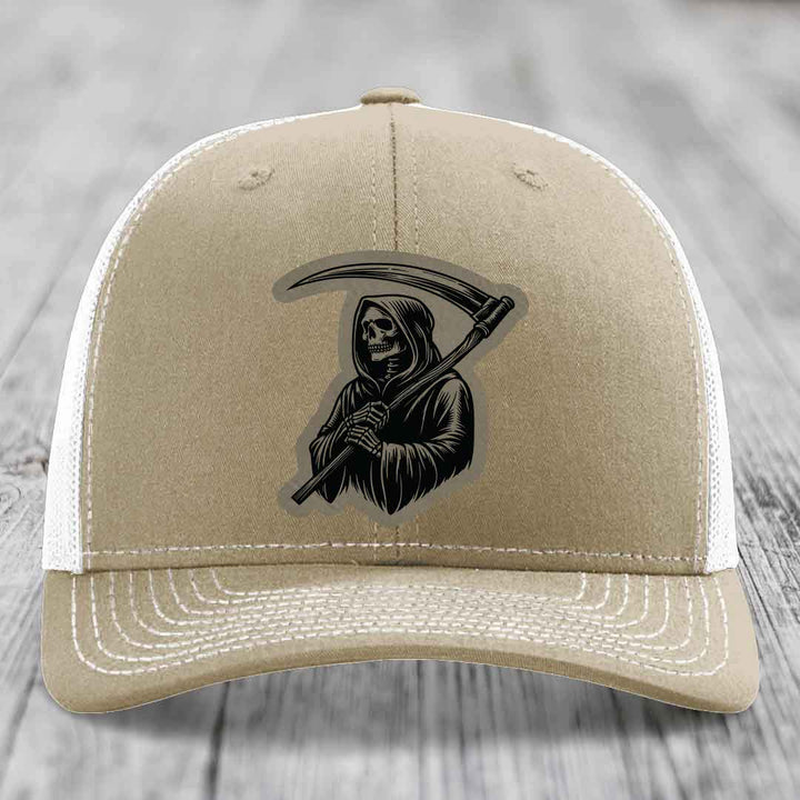 Grim Reaper - Leather Patch Hat - Light Brown to Black Patch - Richardson 112 Snapback Trucker Hat