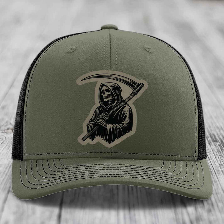 Grim Reaper - Leather Patch Hat - Light Brown to Black Patch - Richardson 112 Snapback Trucker Hat