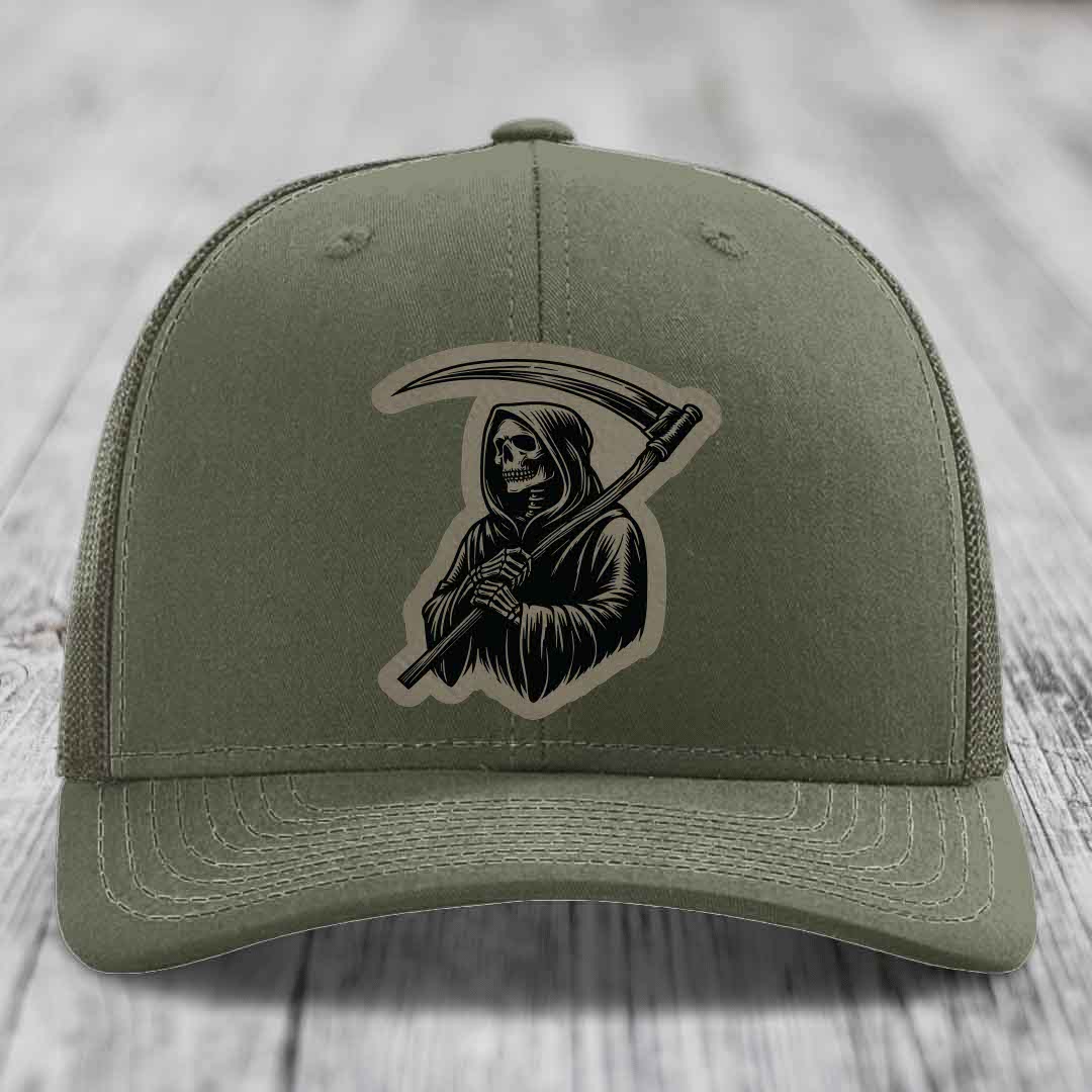 Grim Reaper - Leather Patch Hat - Light Brown to Black Patch - Richardson 112 Snapback Trucker Hat