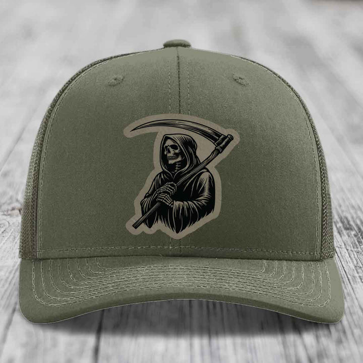 Grim Reaper - Leather Patch Hat - Light Brown to Black Patch - Richardson 112 Snapback Trucker Hat