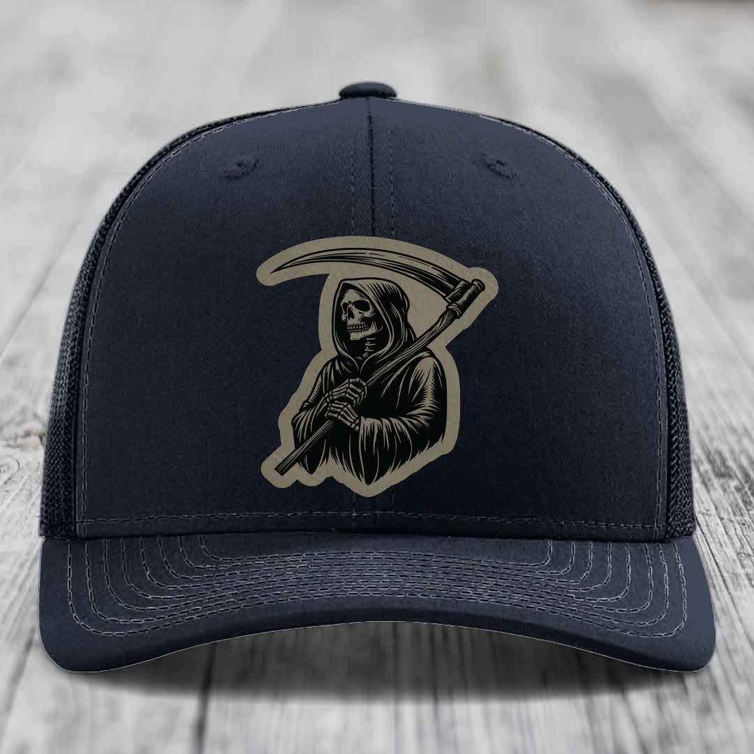 Grim Reaper - Leather Patch Hat - Light Brown to Black Patch - Richardson 112 Snapback Trucker Hat