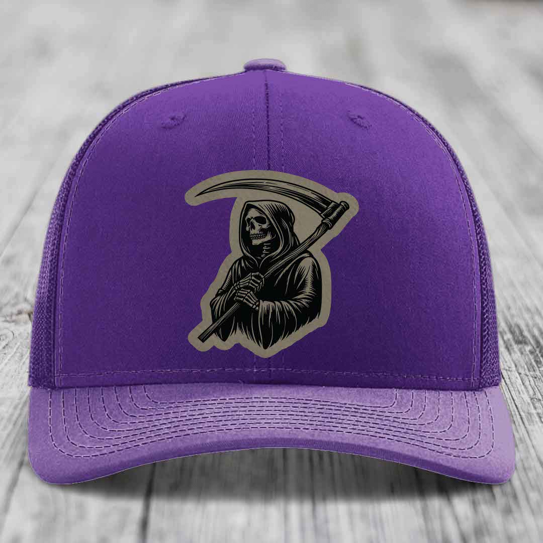 Grim Reaper - Leather Patch Hat - Light Brown to Black Patch - Richardson 112 Snapback Trucker Hat