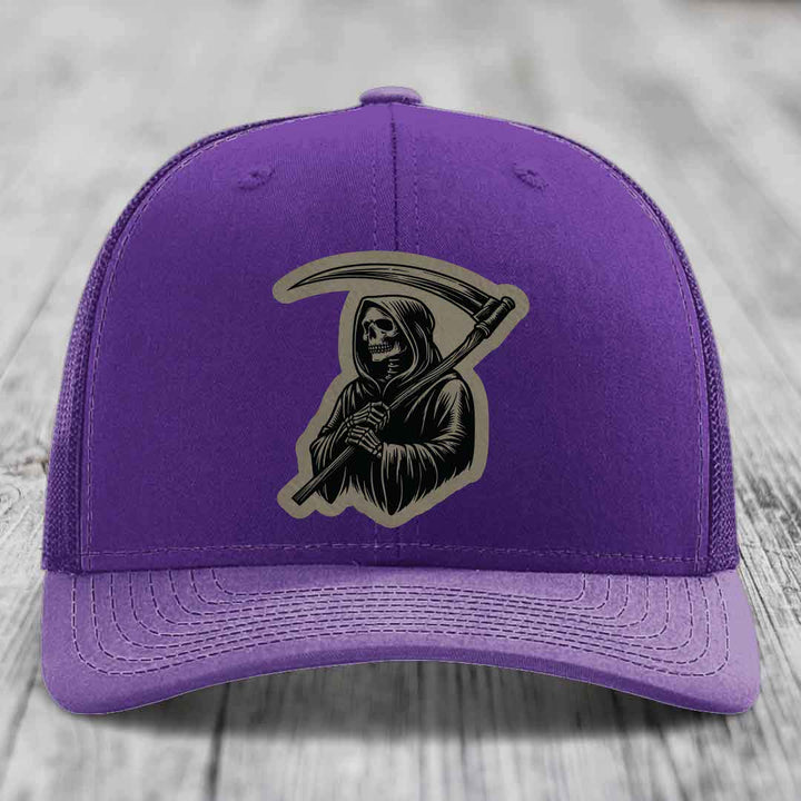 Grim Reaper - Leather Patch Hat - Light Brown to Black Patch - Richardson 112 Snapback Trucker Hat