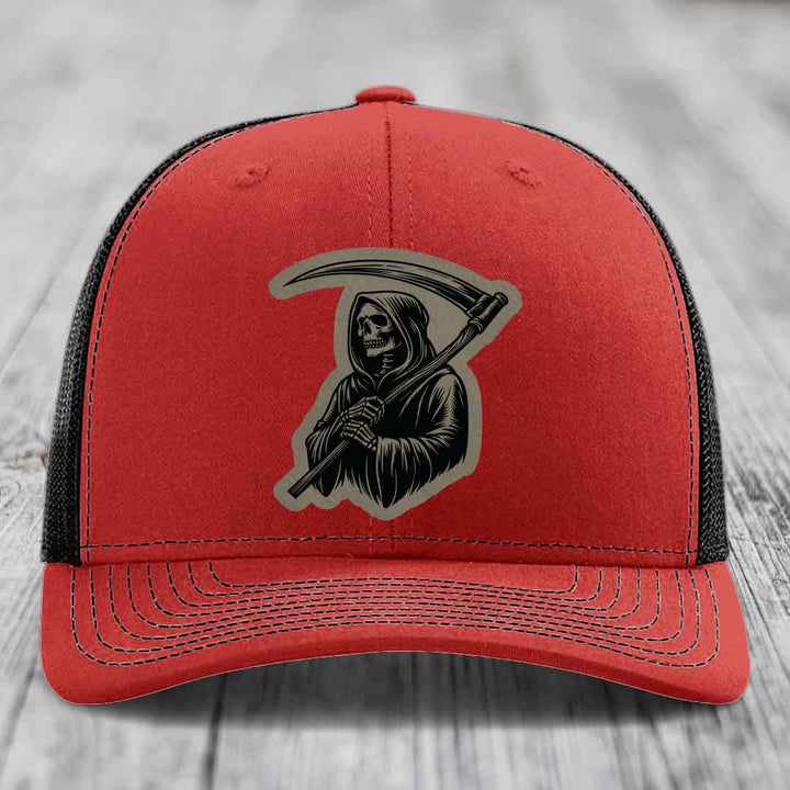 Grim Reaper - Leather Patch Hat - Light Brown to Black Patch - Richardson 112 Snapback Trucker Hat