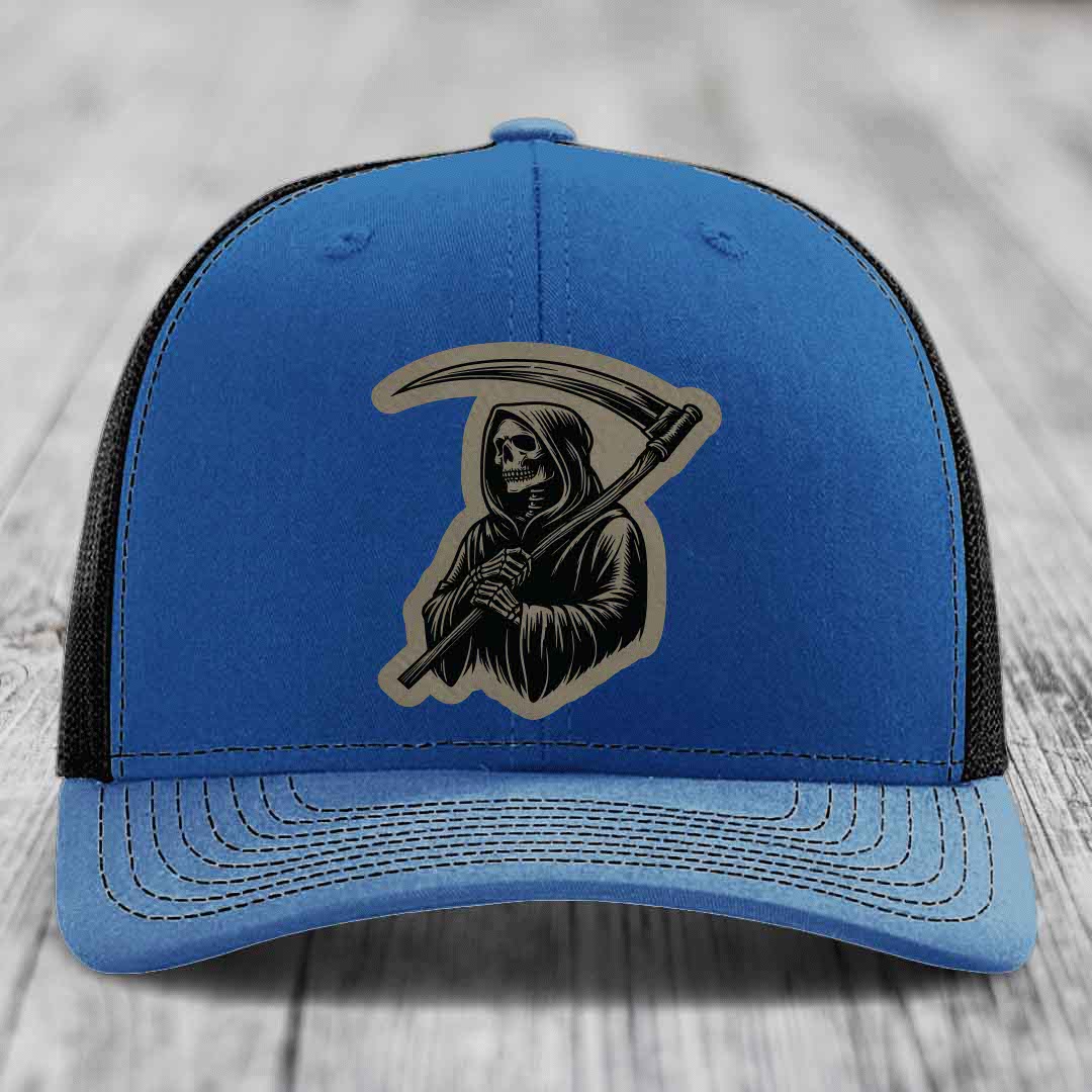 Grim Reaper - Leather Patch Hat - Light Brown to Black Patch - Richardson 112 Snapback Trucker Hat