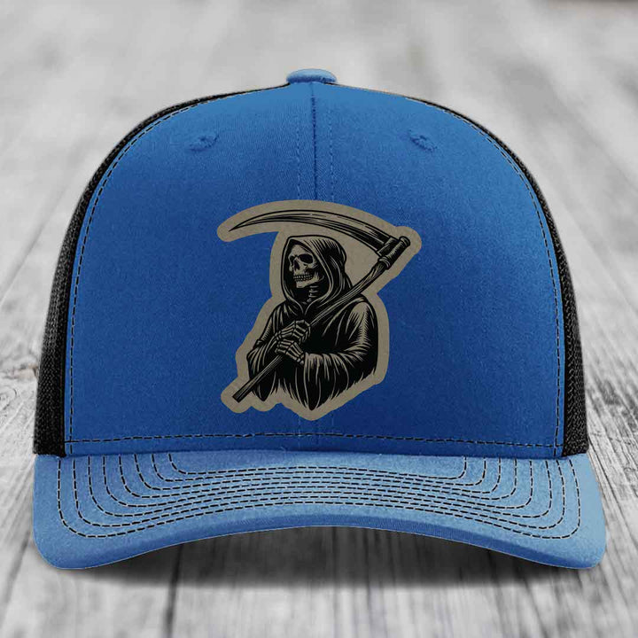 Grim Reaper - Leather Patch Hat - Light Brown to Black Patch - Richardson 112 Snapback Trucker Hat