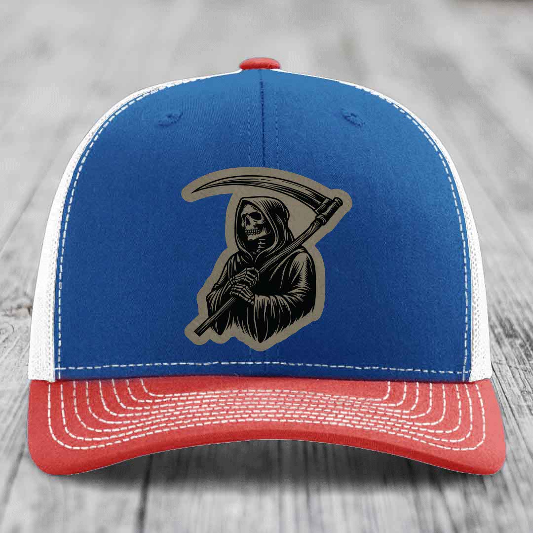Grim Reaper - Leather Patch Hat - Light Brown to Black Patch - Richardson 112 Snapback Trucker Hat