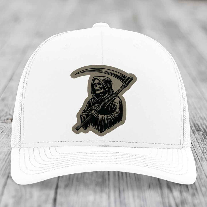 Grim Reaper - Leather Patch Hat - Light Brown to Black Patch - Richardson 112 Snapback Trucker Hat